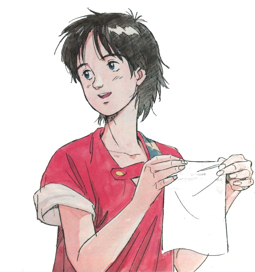 1980s_(style) 1girl absurdres animage black_hair blanket blue_eyes commentary dress english_commentary highres honneamise_no_tsubasa key_visual looking_to_the_side magazine_scan official_art oldschool open_mouth production_art promotional_art retro_artstyle riquinni_nonderaiko sadamoto_yoshiyuki scan short_hair traditional_media upper_body white_background