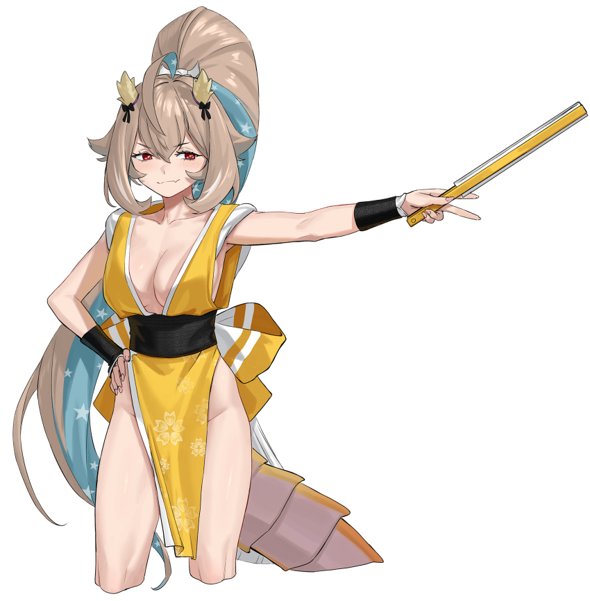 1girl agemmata ahoge black_bow black_sash blonde_hair blue_hair bow breasts center_opening collarbone colored_inner_hair cosplay cropped_legs dragon_girl dragon_horns fang fingernails folded_fan folding_fan hair_between_eyes hand_fan hand_on_own_hip hand_up high_ponytail highres holding holding_fan horn_bow horn_ornament horns huge_ahoge japanese_clothes kimono long_hair medium_breasts multicolored_hair ninja no_panties obi pelvic_curtain phase_connect ponytail red_eyes revealing_clothes rope sash shimenawa shiranui_mai shiranui_mai_(cosplay) sidelocks simple_background skin_fang smug solo solo_focus standing star_(symbol) starry_hair utatane_nasa very_long_hair virtual_youtuber white_background wristband yellow_kimono