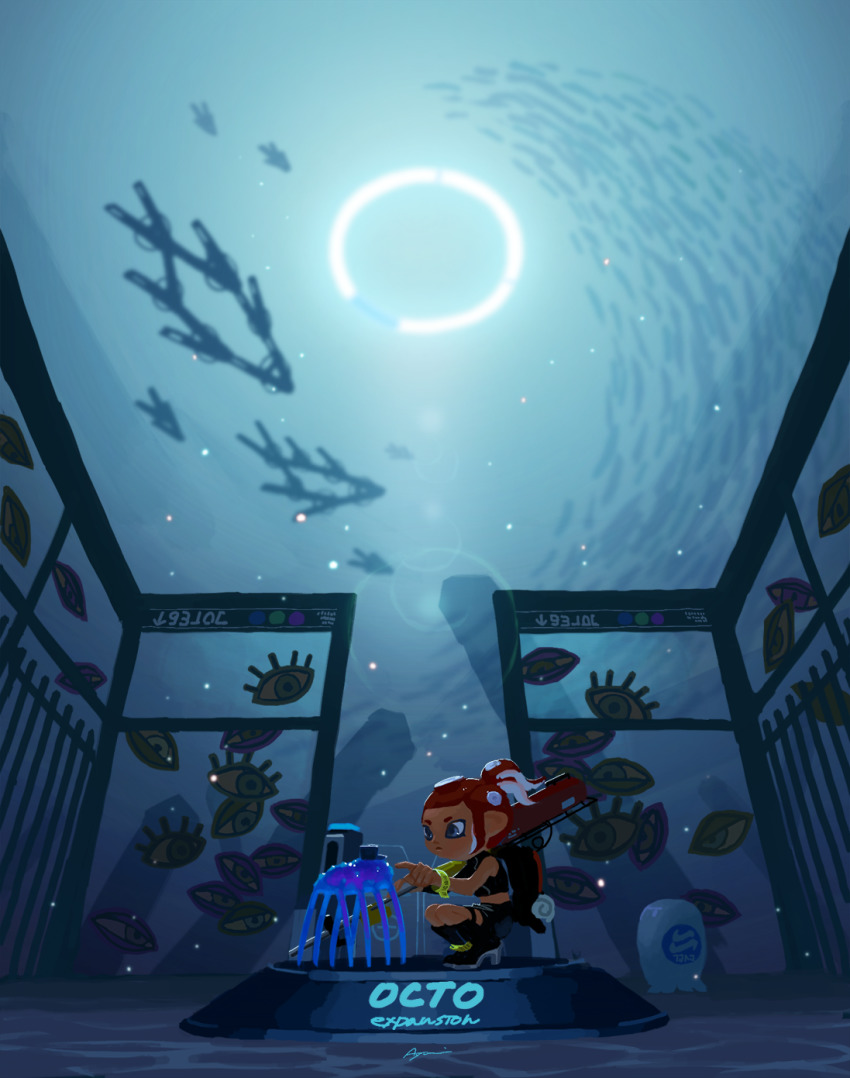 1girl ayumi_(830890) black_footwear black_skirt boots c.q._cumber_(splatoon) clip e-liter_4k_(splatoon) full_body glowstick grey_eyes high_heel_boots high_heels highres ink_tank_(splatoon) lens_flare light_particles long_sleeves miniskirt nintendo octoling octoling_girl octoling_player_character over_shoulder ponytail red_hair sea_cucumber short_hair signature single_bare_shoulder single_sleeve skirt splatoon_(series) splatoon_2 splatoon_2:_octo_expansion squatting suction_cups tentacle_hair thigh_strap wristband