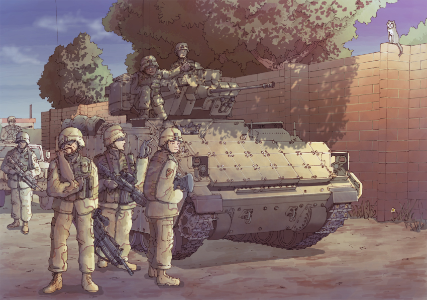 6+boys armored_personnel_carrier armored_vehicle assault_rifle autocannon brick cannon car cat chain_gun cloud dog earasensha gun humvee infantry_fighting_vehicle m242_bushmaster m2_bradley male_focus military_combat_uniform military_uniform motor_vehicle multiple_boys real_life rifle sky sunglasses tree vehicle_focus weapon