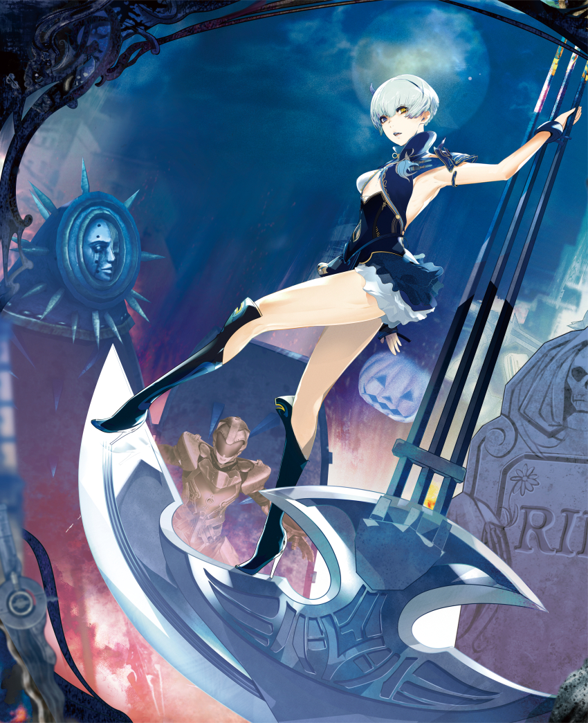 1girl absurdres armpits axe blue_eyes boots chest_jewel clothing_cutout dress female_focus hairband heterochromia high_heel_boots high_heels highres horns kagero_deception kagerou:_darkside_princess laegrinna legs maeda_hirotaka navel_cutout no_bra official_art short_dress short_hair silver_hair simple_background single_horn solo weapon white_background