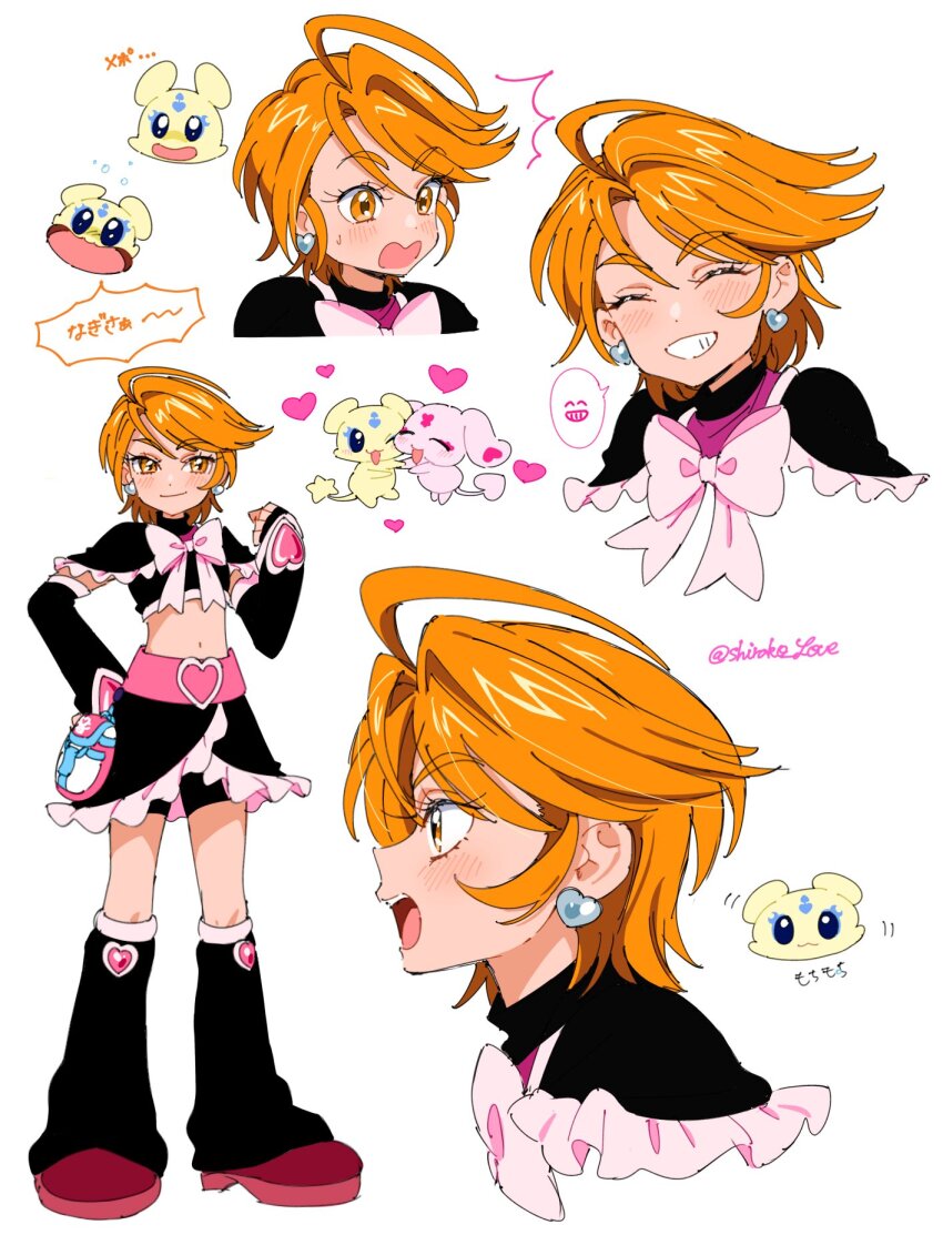 1girl arm_warmers black_capelet black_shorts black_skirt boots capelet closed_eyes crop_top cure_black earrings frilled_skirt frills futari_wa_precure grin heart heart_earrings highres jewelry leg_warmers looking_at_viewer magical_girl mascot mepple midriff mipple misumi_nagisa multiple_views navel open_mouth orange_eyes orange_hair pouch precure shirako_love short_hair shorts shorts_under_skirt simple_background skirt sleeveless smile standing white_background