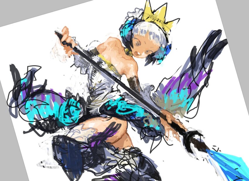 1girl armored_boots bare_shoulders blunt_bangs boots breasts detached_sleeves dress feet_out_of_frame grey_dress grey_eyes gwendolyn_(odin_sphere) hakusaku highres holding holding_staff knee_up looking_down low_wings microdress odin_sphere open_mouth short_hair simple_background small_breasts solo staff strapless strapless_dress thigh_boots thighs tiara twisted_torso two-handed v-shaped_eyebrows very_short_hair white_background white_hair wings