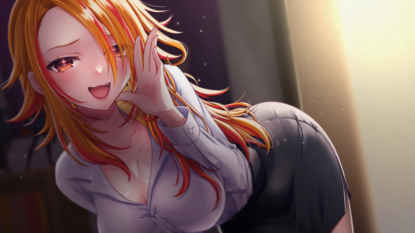 1girl alternate_breast_size alternate_costume alternate_hairstyle bent_over black_skirt blurry blurry_background blush breasts cleavage collared_shirt commentary_request cowboy_shot eyes_visible_through_hair fang hair_between_eyes hair_over_one_eye hand_up highres indoors kazami_kuku large_breasts light_particles lipstick long_hair long_sleeves looking_at_viewer makeup nail_polish nanashi_inc. office_lady open_mouth orange_eyes orange_hair pencil_skirt red_hair reona_kfc02 shirt skirt smile solo variant_set virtual_youtuber white_shirt