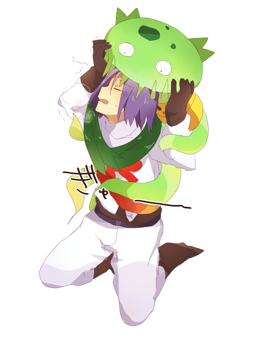 1boy absurdres blue_hair boots carnivine closed_eyes crop_top gen_4_pokemon gloves highres james_(pokemon) kneeling nintendo pokemon pokemon_(anime) pokemon_(creature) pokemon_dppt_(anime) shikimaro team_rocket team_rocket_uniform white_background