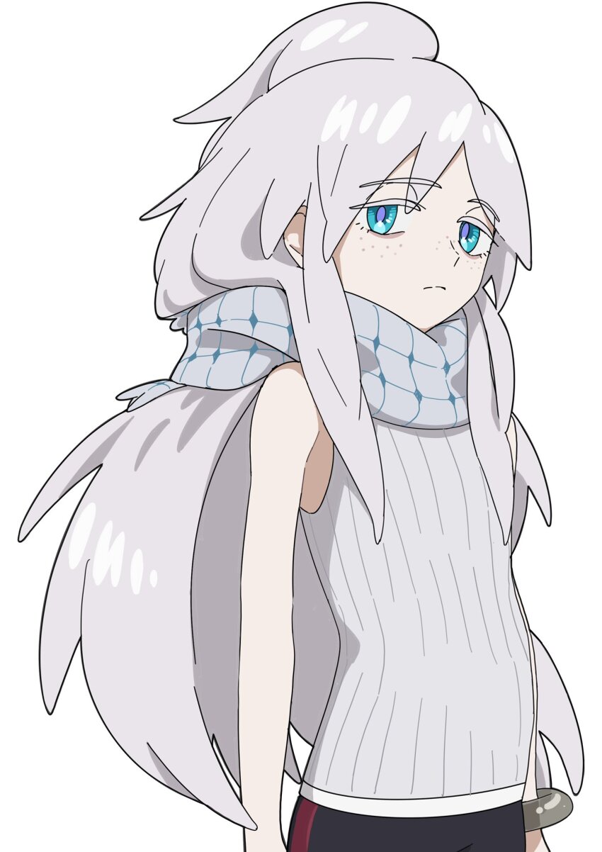 1girl bare_shoulders blue_eyes closed_mouth commentary_request deux_murasame expressionless flat_chest freckles grey_hair grey_scarf gundam gundam_gquuuuuux highres long_hair looking_at_viewer scarf simple_background solo white_background yy_shibata