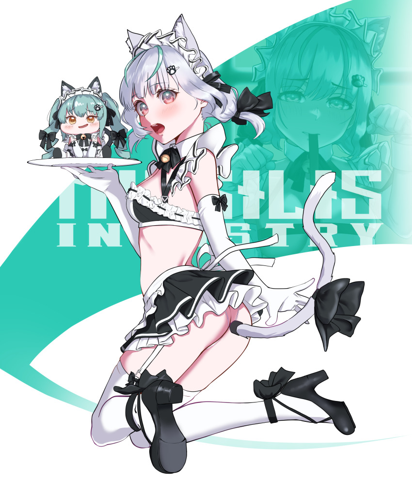 1girl absurdres admi_(nikke) anal_beads anal_tail animal_ears apron aqua_hair ass bell bikini black_bikini black_skirt blush bow breasts butt_plug cat_ears cat_tail character_doll detached_collar doll elbow_gloves english_text fake_tail frills full_body garter_straps gloves goddess_of_victory:_nikke green_hair grey_hair hair_ornament high_heels highres holding holding_tray looking_at_viewer low_twintails maid maid_bikini maid_headdress midair mouth_hold multicolored_hair open_mouth paw_hair_ornament paw_pose pink_eyes privaty_(nikke) privaty_(unkind_maid)_(nikke) ribbon runao_noire short_hair skirt small_breasts smug streaked_hair swimsuit tail tail_bow tail_ornament thighhighs tray twintails unconventional_maid waist_apron white_background white_gloves white_thighhighs yellow_eyes zoom_layer