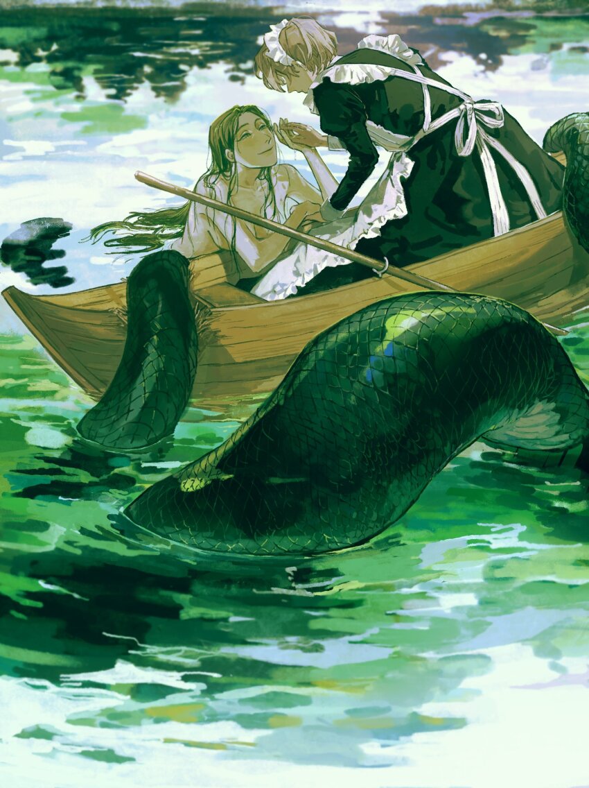 2girls boat breasts dress full_body fxxkungus00 green_background green_dress green_eyes green_hair green_theme highres holding_hands lamia long_hair looking_at_another maid maid_headdress medium_breasts monster_girl multiple_girls oar original outdoors short_hair water watercraft wet yuri