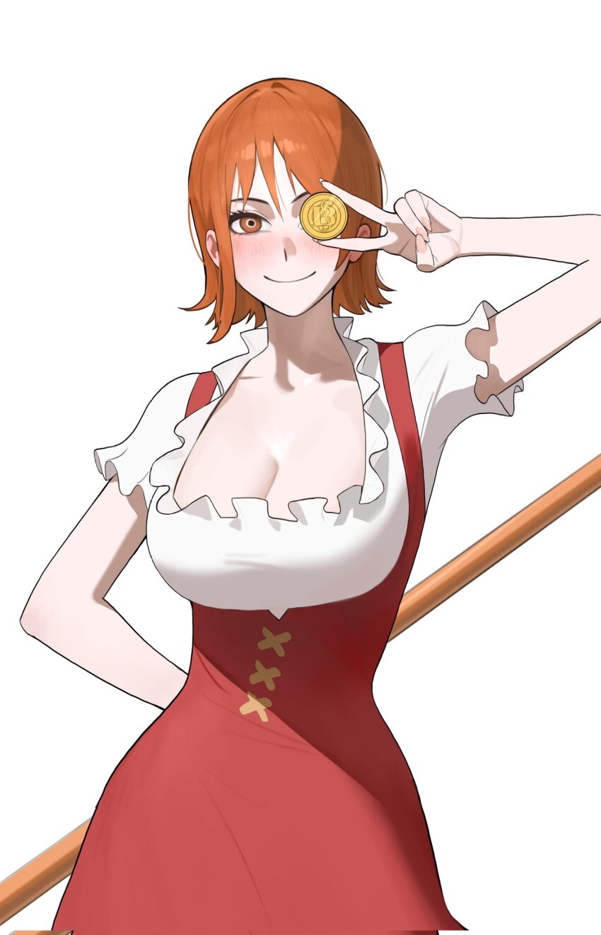 1girl 3k_ven arm_behind_back blush breasts brown_eyes cleavage clima-tact closed_mouth coin collarbone cross-laced_clothes cross-laced_skirt dirndl dress frilled_shirt frilled_sleeves frills german_clothes gold_coin hand_up hashtag-only_commentary highres holding holding_coin holding_staff large_breasts looking_at_viewer nami_(one_piece) official_alternate_costume one_piece orange_hair pink_nails red_dress red_skirt shirt short_hair short_sleeves single_sidelock skirt smile solo staff upper_body v white_background white_shirt