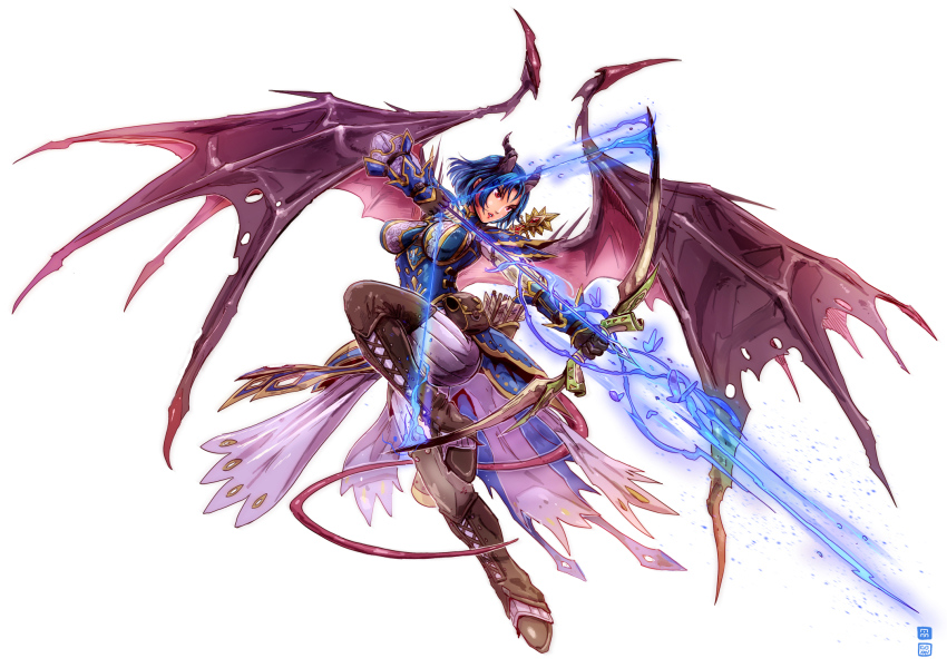 1girl arrow_(projectile) arueshalae belt_pouch blue_butterfly blue_hair boots bow_(weapon) breasts brown_gloves bug butterfly commentary demon_girl demon_horns demon_tail demon_wings energy_arrow english_commentary fantasy full_body gloves highres holding holding_bow_(weapon) holding_weapon horns insect medium_breasts pathfinder pouch quiver red_eyes ricardomango short_hair solo tail thighhighs torn_wings weapon white_background wings