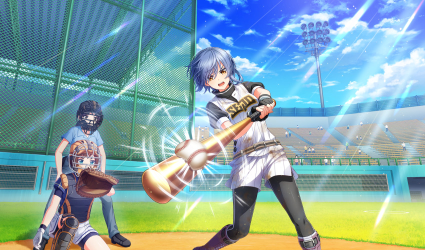 3girls asymmetrical_hair ball baseball baseball_(object) baseball_bat baseball_glove baseball_stadium baseball_uniform belt belt_buckle black_pants black_undershirt blue_hair blue_shirt boots brown_belt buckle catcher&#039;s_mask catcher_(baseball) chain-link_fence chest_protector cinderella_series cloud crowd emphasis_lines fence game_cg green_eyes grey_pants hachigatsu_no_cinderella_nine hair_over_one_eye highres holding holding_baseball_bat light_particles light_rays looking_at_object metal_baseball_bat motion_blur multiple_girls non-web_source official_art on_one_knee open_mouth outdoors pants pants_under_shorts playing_sports shin_guards shirt shirt_under_shirt short_sleeves shorts sky sleeveless sleeveless_shirt solo_focus sportswear standing striped_clothes striped_shirt striped_shorts sunbeam sunlight teeth toudou_taira umpire upper_teeth_only v-shaped_eyebrows white_shirt white_shorts yellow_eyes