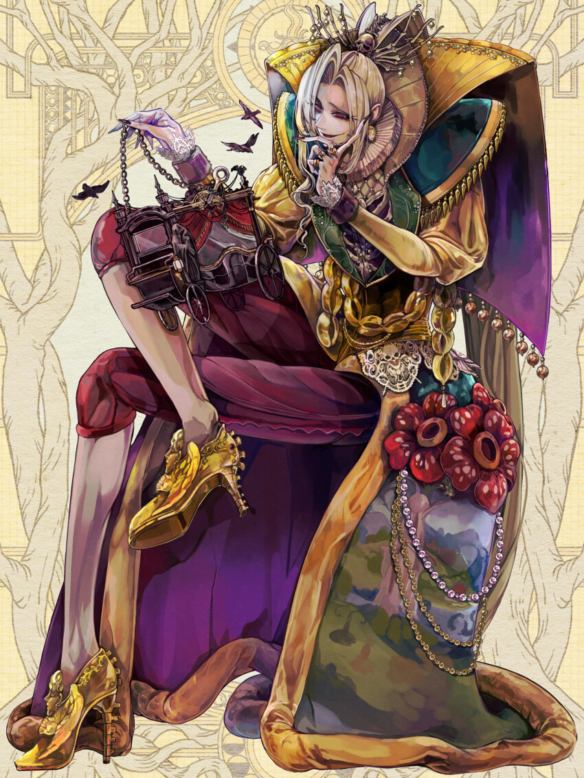 1boy ashioka_kuraco bell bird black_nails bow bowtie capri_pants carriage chain coat crow curtained_hair dairoku_ryouhei earrings evil_smile figure_four_sitting finger_to_cheek fingernails flower frilled_sleeves frills full_body hair_ornament high_heels high_ponytail highres holding holding_chain invisible_chair jewelry jingle_bell juliet_sleeves kneehighs lace lapels long_fingernails long_hair long_sleeves looking_at_object male_focus model multiple_rings mystical_high_collar neck_ruff pants parted_bangs parted_lips ponytail print_coat puffy_sleeves purple_coat rafflesia_(flower) red_eyes red_pants ring sharp_fingernails sitting skull_hair_ornament sleeve_cuffs smile socks solo svalinn_muspelsson two-sided_coat two-sided_fabric very_long_hair white_hair white_socks yellow_background yellow_bow yellow_bowtie yellow_coat