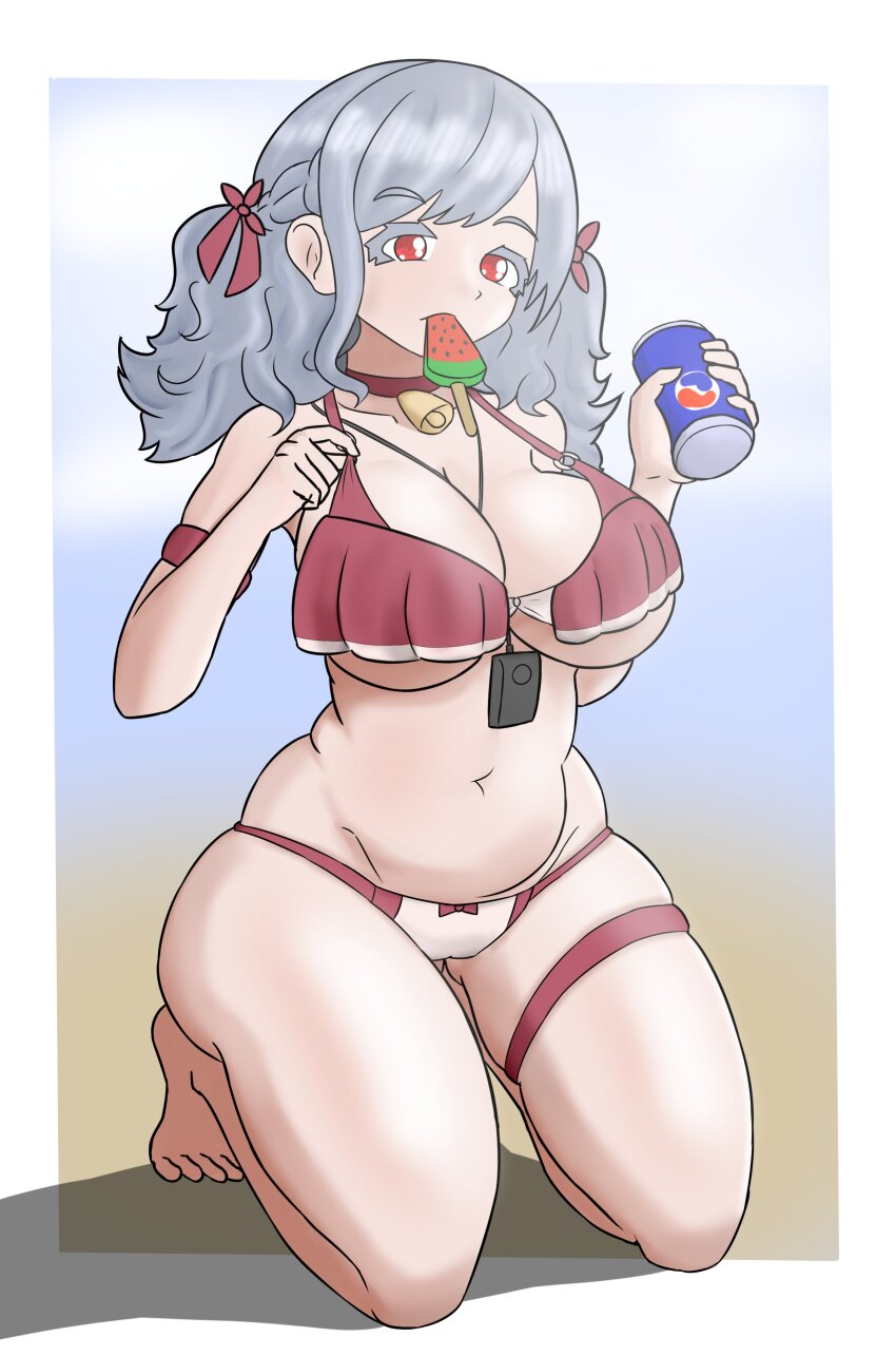 absurdres armband bare_shoulders barefoot bell bikini braid breasts can catahuct choker drink_can food girls&#039;_frontline girls&#039;_frontline_2:_exilium grey_hair hair_tie highres holding holding_can large_breasts looking_at_viewer navel neck_bell popsicle red_bikini red_eyes sabrina_(girls&#039;_frontline_2) sabrina_(strawberry_zabaione)_(girls&#039;_frontline_2) short_hair soda_can spas-12_(girls&#039;_frontline) swimsuit thick_eyelashes thick_thighs thighs three-toned_background twintails watermelon_bar