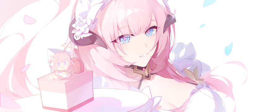 1girl absurdres blue_eyes breasts cake cake_decoration cleavage elysia_(honkai_impact) elysia_(miss_pink)_(honkai_impact) elysia_(miss_pink_elf)_(honkai_impact) fake_horns falling_petals food hair_between_eyes highres holding holding_plate honkai_(series) honkai_impact_3rd horns long_hair looking_at_viewer maid maid_headdress open_mouth petals pink_hair plate smile solo via_shinan white_background