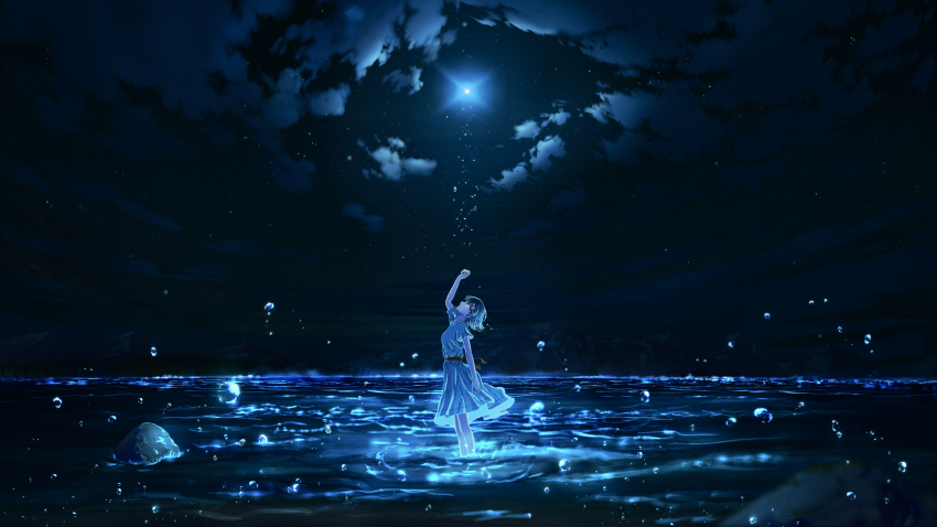 1girl absurdres apuchi_tochi arm_up blue_theme cloud commentary_request crying crying_with_eyes_open dress dress_ribbon from_side hair_ornament highres horizon looking_up medium_hair monochrome night night_sky ocean original outdoors scenery short_sleeves sky sky_focus solo star_(sky) star_(symbol) star_hair_ornament tears wading water water_drop