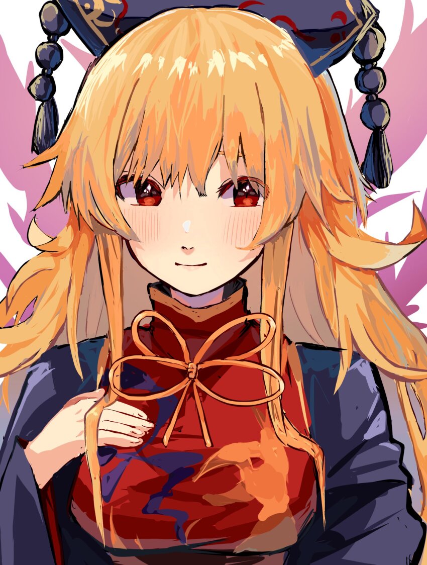 1girl black_shirt blonde_hair blush closed_mouth fingernails fire fushida hand_on_own_chest highres junko_(touhou) junko_day long_hair long_sleeves looking_at_viewer neck_ribbon one-hour_drawing_challenge phoenix_crown pink_fire red_eyes red_tabard ribbon shirt sidelocks smile solo tabard touhou upper_body white_background wide_sleeves yellow_ribbon