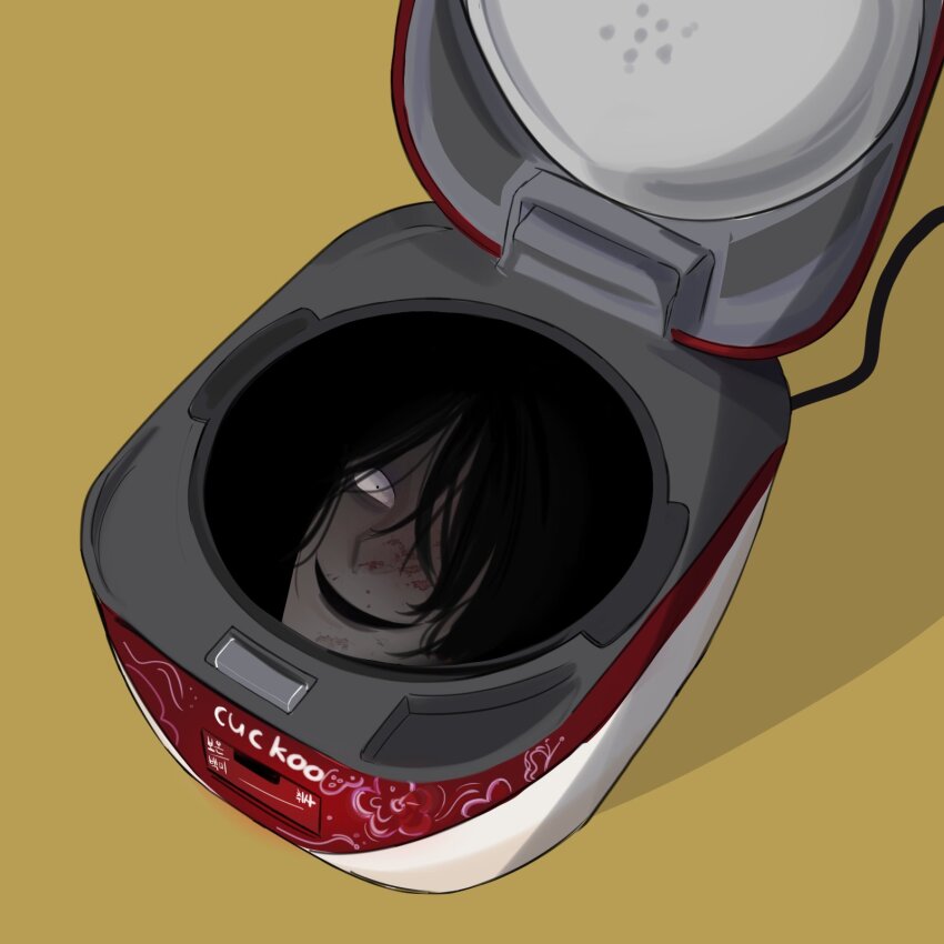 1boy black_eyes black_hair blood blood_on_face constricted_pupils highres homicipher looking_at_viewer male_focus mossxcol mr._gap rice_cooker simple_background solo yellow_background