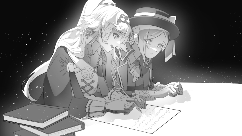 2girls :d ascot black_background bloom boater_hat book book_stack cloak collared_dress collared_shirt dress freckles from_side glass_pen gloves greyscale high_collar highres holding holding_pen joe&#039;s_mom long_hair looking_at_object monochrome multiple_girls open_mouth paper pen profile reverse:1999 shirt short_hair smile sonetto_(reverse:1999) table upper_body vertin_(reverse:1999) writing