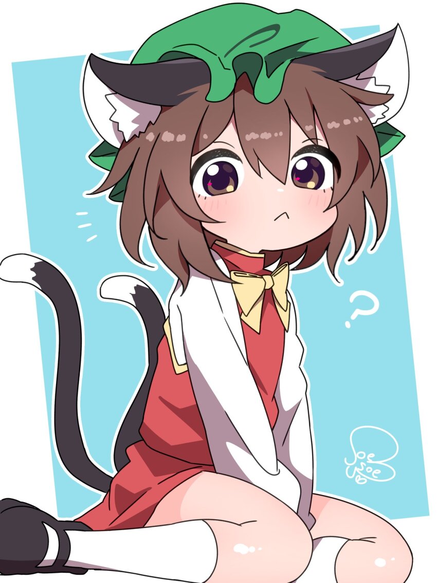 1girl :&lt; ? animal_ear_fluff animal_ears between_legs blue_background blush bow bowtie brown_eyes brown_hair cat_ears cat_tail chen commentary_request double-parted_bangs eyebrows_hidden_by_hair frills full_body hair_between_eyes hand_between_legs hat highres kneehighs long_sleeves looking_at_viewer mary_janes mob_cap multiple_tails nekomata notice_lines outline puffy_long_sleeves puffy_sleeves red_skirt red_vest shoes short_hair simple_background sitting skirt socks soesoe300 solo tail touhou two_tails vest white_outline white_socks yellow_bow yellow_bowtie yokozuwari