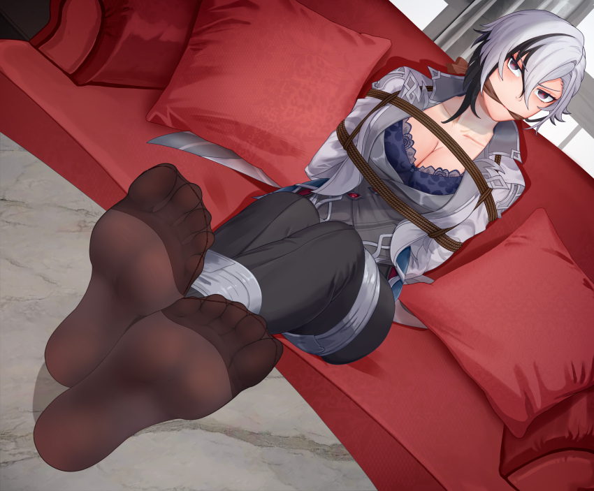 1girl absurdres arlecchino_(genshin_impact) arms_behind_back bdsm black_hair black_pants blue_bra bondage bound bra breasts cleavage cleave_gag cloth_gag commentary_request couch dutch_angle gag gagged genshin_impact grey_hair grey_jacket hair_between_eyes highres improvised_gag jacket large_breasts looking_at_viewer multicolored_hair no_shoes open_clothes open_jacket pants pantyhose pillow rope short_hair sitting solo streaked_hair tape underwear yuehei_dao