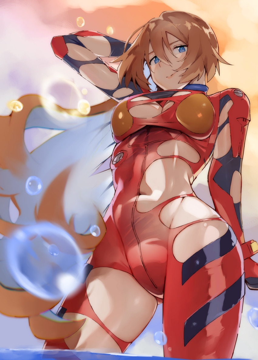1girl arm_up blue_eyes bodysuit breasts brown_hair closed_mouth cloud curvy evangelion:_3.0+1.0_thrice_upon_a_time floating_hair from_below hair_down hand_in_own_hair highres looking_at_viewer mecha_pilot_suit medium_breasts navel_peek neon_genesis_evangelion orange_sky outdoors parted_lips plugsuit_(evangelion) rebuild_of_evangelion red_bodysuit shiny_clothes shiny_skin skin_tight sky smile solo souryuu_asuka_langley standing torn_bodysuit torn_clothes water_drop wide_hips yagisawa_teru