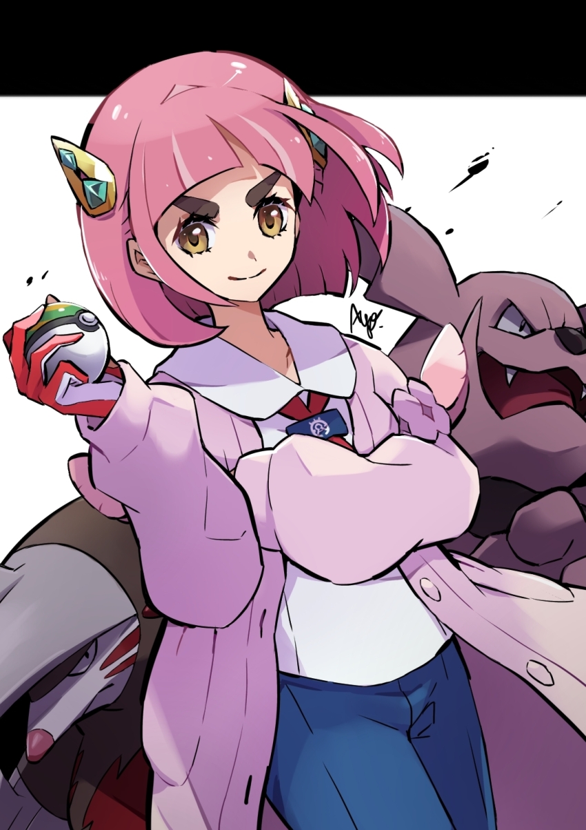 1girl ayo_(ayosanri009) brown_eyes buttons closed_mouth coat collared_shirt commentary_request excadrill eyelashes gen_2_pokemon gen_5_pokemon gloves granbull hair_ornament hairclip highres holding holding_poke_ball lacey_(pokemon) long_sleeves medium_hair nest_ball nintendo open_clothes open_coat pink_hair poke_ball pokemon pokemon_(creature) pokemon_sv red_gloves shirt signature smile white_shirt