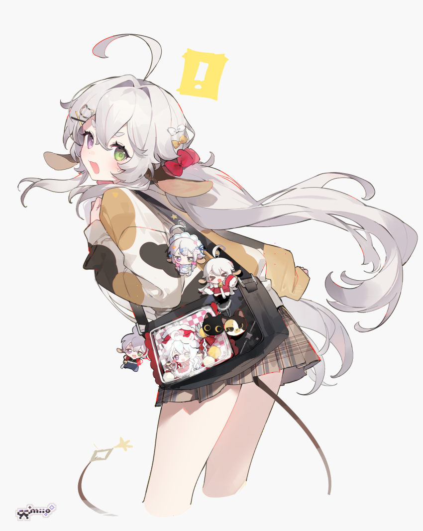 ! 1girl ahoge animal_ears animal_print arin_(fanfan013) artist_name bag blush bow brown_bow character_doll commentary cow_ears cow_girl cow_print eyelashes green_eyes hair_between_eyes hair_bow hair_ornament hairclip hairpin heterochromia highres long_hair long_sleeves open_mouth original pleated_skirt purple_eyes short_eyebrows simple_background skirt solo_focus sweatdrop symbol-only_commentary tail white_background white_bow white_hair