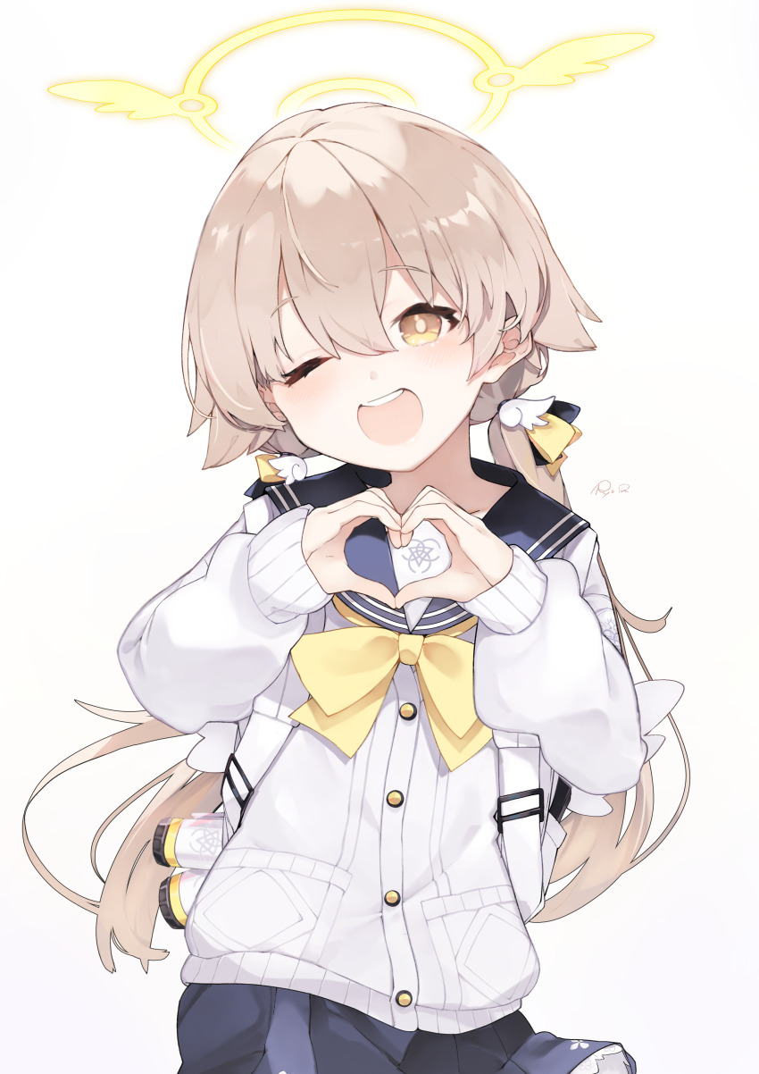 1girl :d absurdres black_sailor_collar black_skirt blue_archive blush bow bowtie bright_pupils brown_hair buttons cardigan commentary_request cowboy_shot grey_background hair_between_eyes hair_bow hair_ornament halo hands_up happy heart heart_hands hifumi_(blue_archive) highres long_hair looking_at_viewer low_twintails one_eye_closed open_mouth round_teeth ryo_(ryo_skrdi) sailor_collar school_uniform serafuku signature simple_background skirt sleeves_past_wrists smile solo teeth twintails upper_teeth_only white_background white_cardigan wing_hair_ornament winged_halo yellow_bow yellow_bowtie yellow_eyes yellow_halo