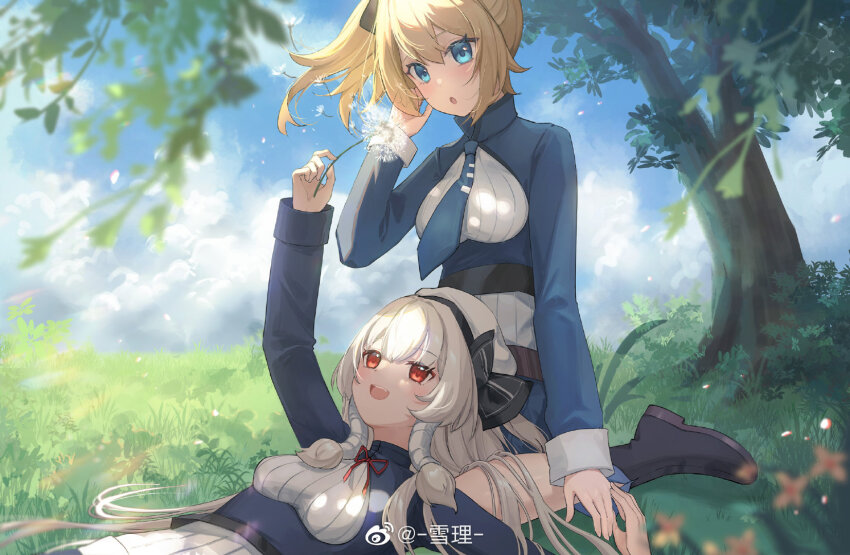 2girls :d black_footwear blonde_hair blue_eyes blue_jacket blue_necktie blush bogue_(warship_girls_r) bow breasts chaser_(warship_girls_r) cloud day dress flower grass hair_bow highres holding holding_flower jacket lap_pillow long_hair long_sleeves low-tied_sidelocks lying medium_breasts multiple_girls necktie open_mouth outdoors ponytail red_eyes ribbon shirt side_ponytail sidelocks sitting sky smile tree warship_girls_r watermark weibo_watermark white_flower white_hair yukiri_(l_ii)