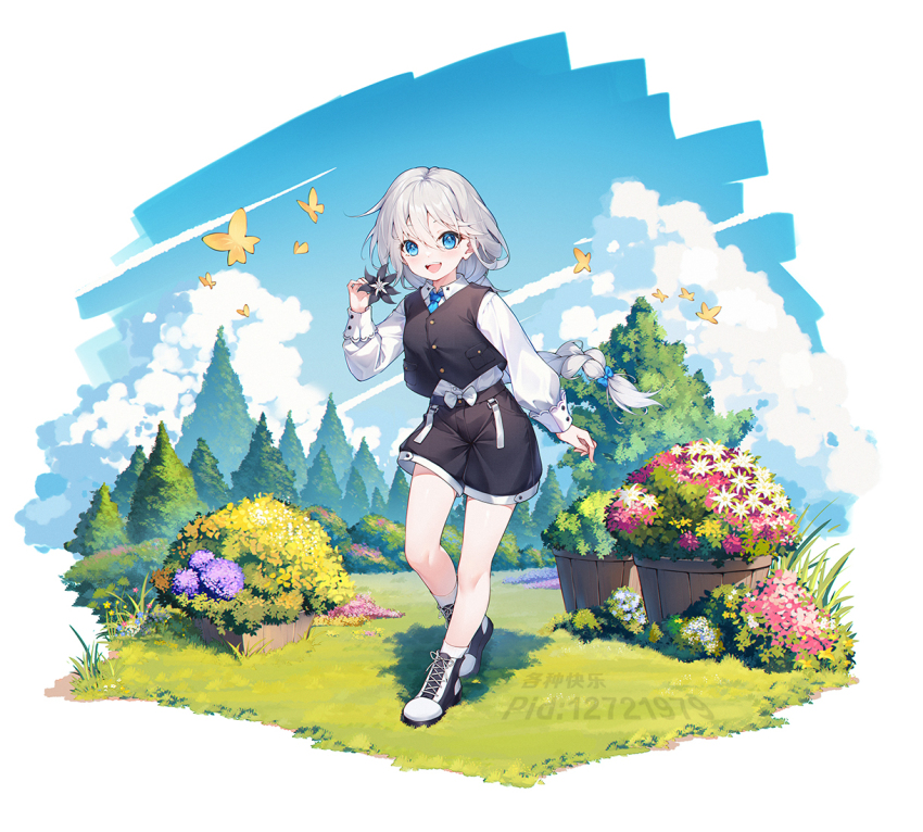 1girl aged_down apc556_(girls&#039;_frontline) black_shorts black_vest blue_bow blue_eyes blue_necktie bow bug butterfly cloud collared_shirt commission flower ge_zhong_kuaile girls&#039;_frontline hair_between_eyes hair_bow holding holding_flower insect long_hair long_sleeves looking_at_viewer multicolored_shoes necktie open_mouth outdoors pixiv_commission pixiv_id pixiv_username plant potted_plant shirt shoes shorts smile socks solo standing tree vest white_bow white_hair white_shirt yellow_butterfly