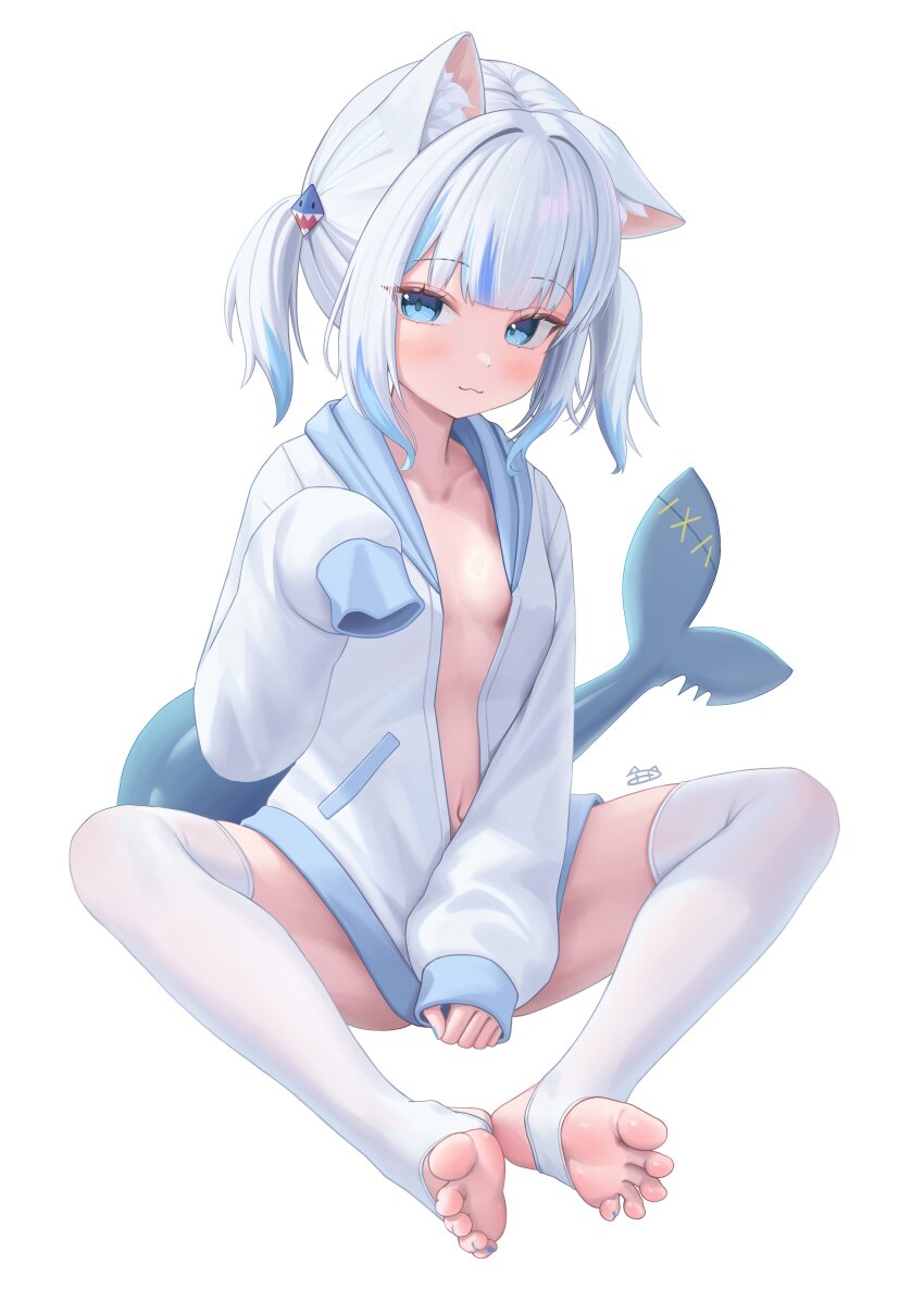 1girl :3 absurdres alternate_costume animal_ears barefoot blue_eyes blue_hair breasts cat_ears closed_mouth collarbone commentary covering_crotch covering_privates feet fins fish_tail fpvjoe full_body gawr_gura grey_background hashtag-only_commentary highres hololive hololive_english knees_apart_feet_together long_sleeves looking_at_viewer multicolored_hair navel no_bra no_panties open_clothes open_shirt shadow shark_tail shirt short_hair sidelocks simple_background sitting small_breasts smile soles solo streaked_hair tail thighhighs toeless_legwear toes twintails virtual_youtuber white_hair white_shirt white_thighhighs