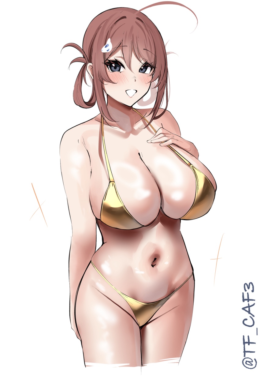 1girl absurdres ahoge alternate_costume arm_behind_back bikini blush breasts brown_hair chougei_(kancolle) cleavage commentary_request cowboy_shot cropped_legs gold_bikini grey_eyes grin groin hair_between_eyes hair_ornament hairclip hand_on_own_chest highres kantai_collection large_breasts looking_at_viewer medium_hair navel one-hour_drawing_challenge simple_background smile solo stomach swimsuit tf_cafe twitter_username white_background