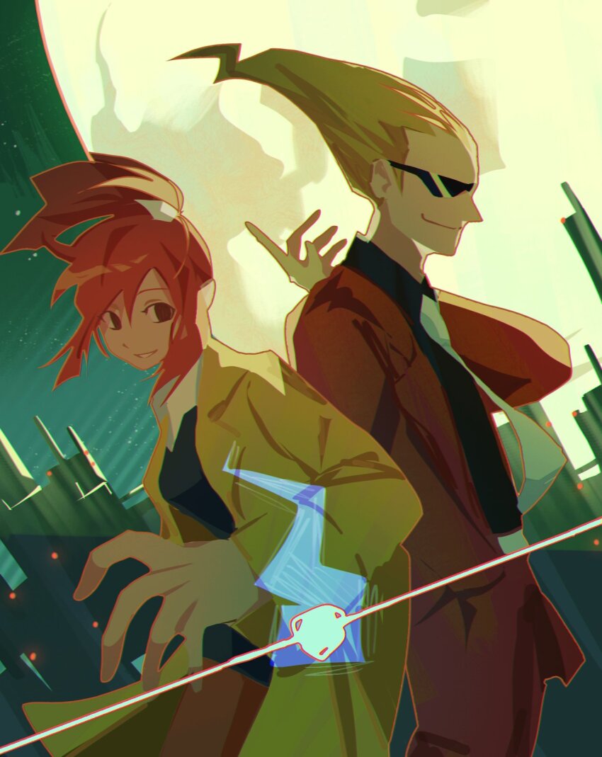 1boy 1girl ahoge black_shirt blonde_hair building coat formal_clothes ghost_trick green_sky greiilock hands_in_pocket highres looking_at_another lynne_(ghost_trick) medium_hair moon necktie night pants ponytail red_hair red_pants red_suit shirt sissel_(ghost_trick) sky smile suit sunglasses urban white_necktie yellow_coat