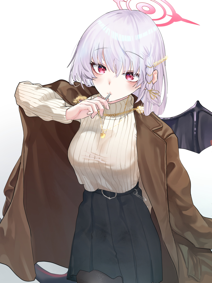 1girl absurdres alternate_costume arm_behind_back belt black_belt black_skirt black_tail black_wings blue_archive braid breasts brown_coat candy casual coat food food_in_mouth hair_ornament halo haoma haruna_(blue_archive) highres holding holding_candy holding_food holding_lollipop jacket jacket_on_shoulders lapel_chain lapels lollipop long_hair long_sleeves looking_at_viewer medium_breasts miniskirt notched_lapels pantyhose pleated_skirt red_eyes red_halo ribbed_sweater side_braid single_wing skirt solo sweater tented_shirt turtleneck turtleneck_sweater upper_body white_background white_hair wings yellow_sweater