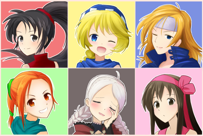 6+girls absurdres ahoge blue_eyes braid capelet cath_(fire_emblem) closed_eyes daisy_(fire_emblem) fire_emblem fire_emblem:_genealogy_of_the_holy_war fire_emblem:_radiant_dawn fire_emblem:_the_binding_blade fire_emblem:_thracia_776 fire_emblem_fates fire_emblem_heroes hairband heather_(fire_emblem) high_ponytail highres hood hood_up hooded_capelet kwz_ini lara_(fire_emblem) low_twin_braids multiple_girls nina_(fire_emblem) nintendo one_eye_closed orange_hair parted_bangs patty_(fire_emblem) ponytail portrait thief twin_braids white_hair