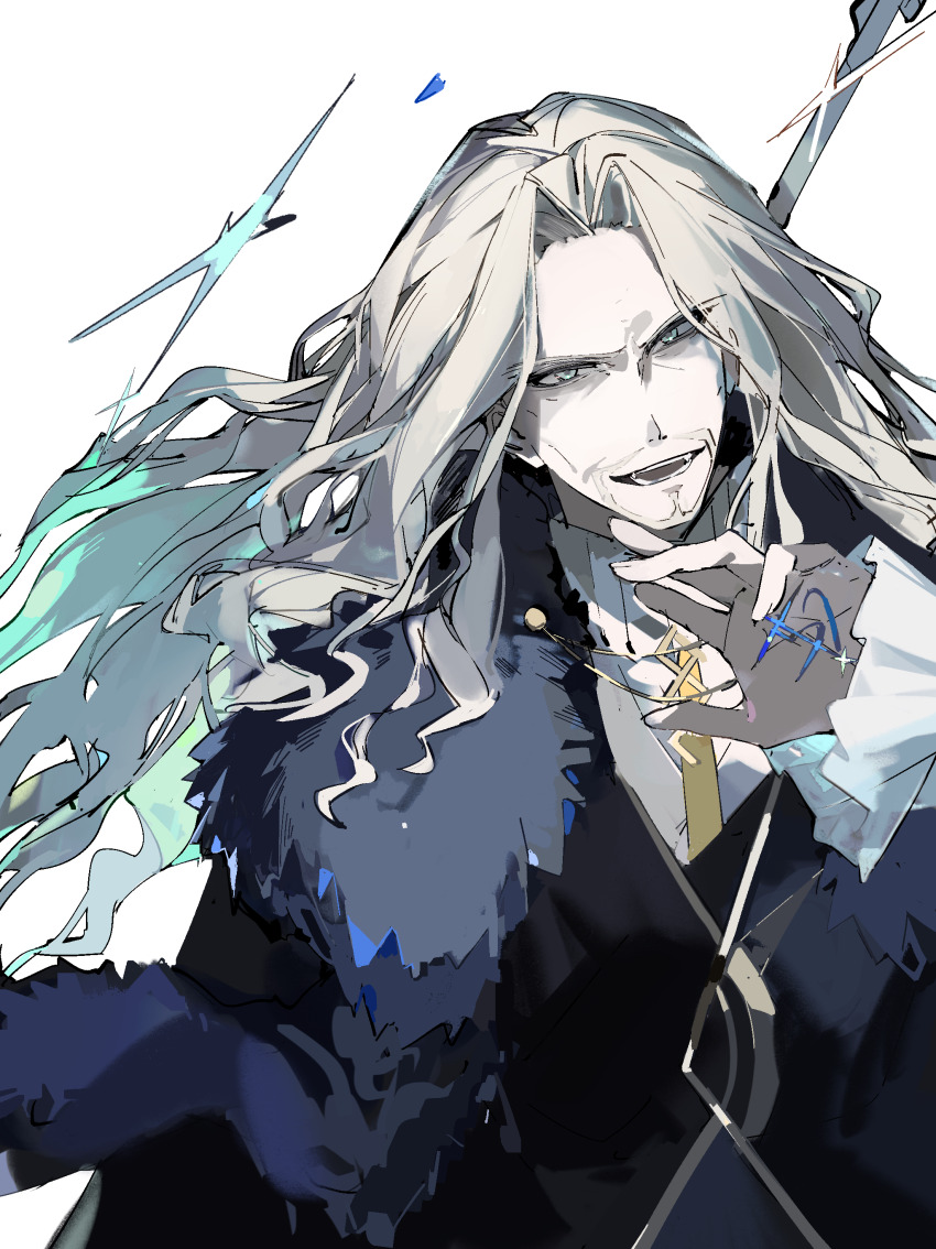 1boy absurdres aqua_eyes beard black_capelet black_jacket blonde_hair capelet chinese_commentary commentary_request facial_hair fate/apocrypha fate/grand_order fate_(series) frilled_sleeves frills fur-trimmed_capelet fur_trim hand_up highres jacket long_hair long_sleeves male_focus necktie open_mouth shirt smile solo upper_body vihua6 vlad_iii_(fate/apocrypha) white_shirt yellow_necktie