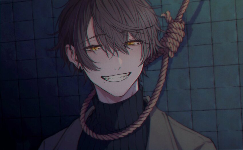1boy black_sweater brown_coat brown_hair coat earrings highres jewelry looking_at_viewer male_focus mole mole_under_mouth moxamog original portrait rope smile sweater teeth tile_wall tiles yellow_eyes