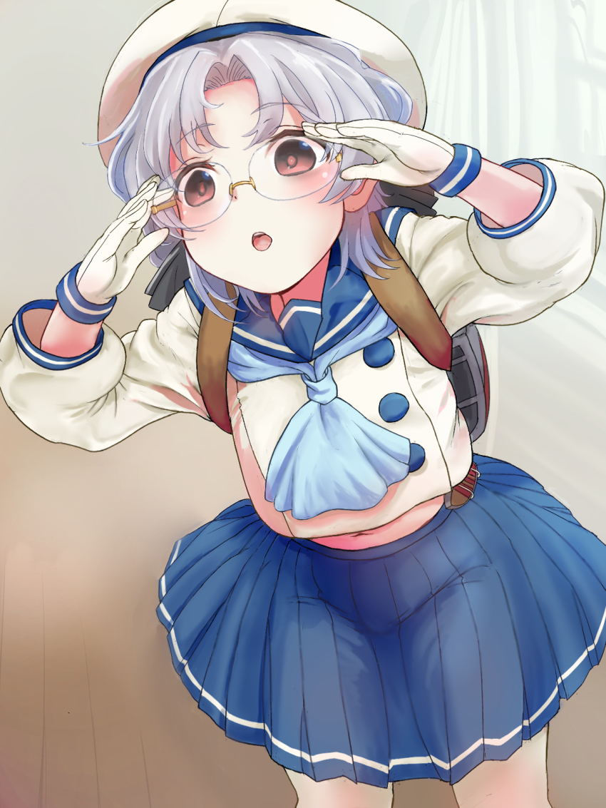1girl blue_sailor_collar blue_skirt blush brown_eyes em_s feet_out_of_frame glasses gloves grey_hair hat highres hirato_(kancolle) kantai_collection long_sleeves open_mouth pleated_skirt rimless_eyewear sailor_collar sailor_hat school_uniform serafuku short_hair skirt solo white_gloves white_hat