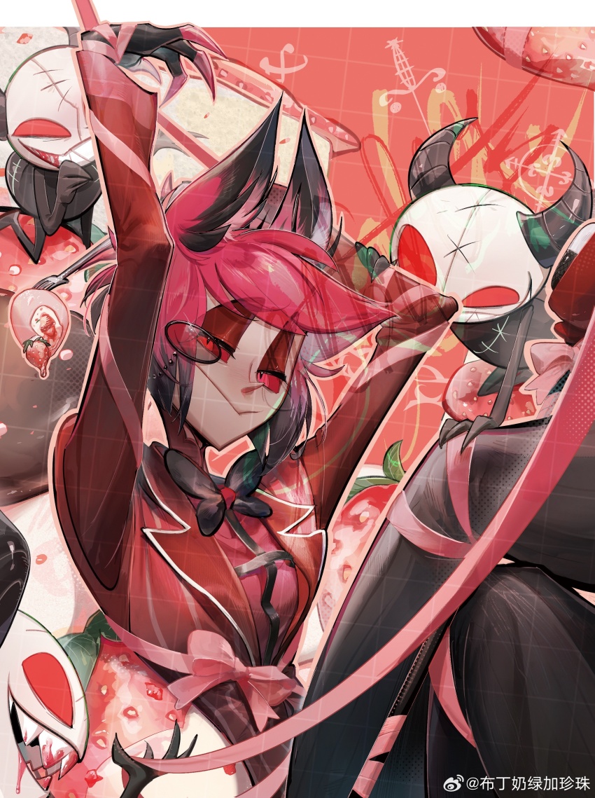 1boy absurdres alastor_(hazbin_hotel) animal_ears arm_up black_bow black_pants bow closed_mouth colored_skin deer_boy deer_ears demon food fruit grey_skin hazbin_hotel highres jacket looking_at_viewer male_focus mbdtz monocle pants red_eyes red_hair red_jacket ribbon strawberry