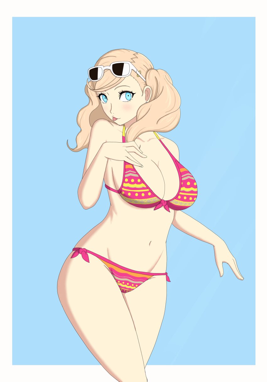 1girl :p absurdres bikini blonde_hair blue_eyes border breasts cleavage collarbone cowboy_shot curvy earrings eyewear_on_head hair_ornament hairclip highres jewelry large_breasts nahone_peko navel persona persona_5 red_bikini solo stomach striped_bikini striped_clothes stud_earrings sunglasses swimsuit takamaki_anne tongue tongue_out twintails wavy_hair white-framed_eyewear white_border wide_hips