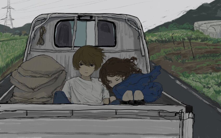 1boy 1girl black_eyes black_shirt black_socks blue_jacket brown_hair closed_eyes closed_mouth covered_mouth daihatsu day denim expressionless field floating_hair grey_sky highres jacket jeans kei_truck knee_up kneehighs leaning_on_person looking_at_viewer medium_hair motor_vehicle nibi_2222 original outdoors pants pickup_truck power_lines road rope rural sandbag shirt short_hair short_sleeves sitting sky socks t-shirt transmission_tower truck white_shirt