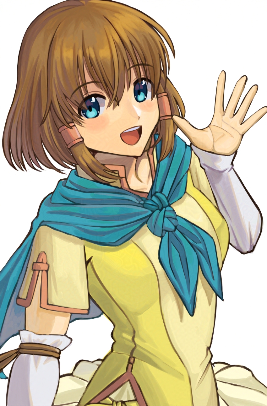 1girl :d absurdres blue_capelet blue_eyes breasts brown_hair capelet dress fire_emblem fire_emblem:_path_of_radiance hair_between_eyes highres looking_at_viewer mist_(fire_emblem) nintendo open_mouth short_hair short_sleeves small_breasts smile solo teeth upper_body upper_teeth_only ushiroki waving white_background yellow_dress