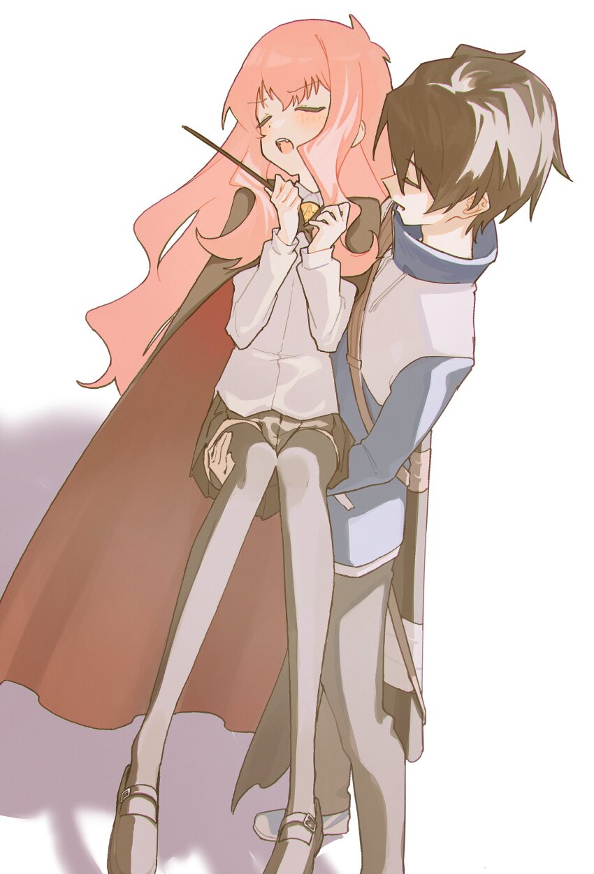 1boy 1girl absurdres alt_text black_cape black_footwear black_pants black_skirt black_thighhighs blue_jacket blush brown_hair cape carrying carrying_person closed_eyes collared_shirt commentary_request dot_nose fang from_above from_side hair_over_shoulder hand_on_another&#039;s_thigh hands_up high_collar highres hiraga_saito holding holding_wand jacket kurobeko_(kur0bek0) long_hair long_sleeves louise_francoise_le_blanc_de_la_valliere mary_janes miniskirt multicolored_jacket open_mouth pants pink_hair pleated_skirt princess_carry scabbard shadow sheath shirt shoes short_hair shoulder_strap sidelocks skirt teeth thighhighs two-tone_jacket upper_teeth_only upskirt very_long_hair wand weapon weapon_on_back white_background white_footwear white_jacket white_shirt zero_no_tsukaima