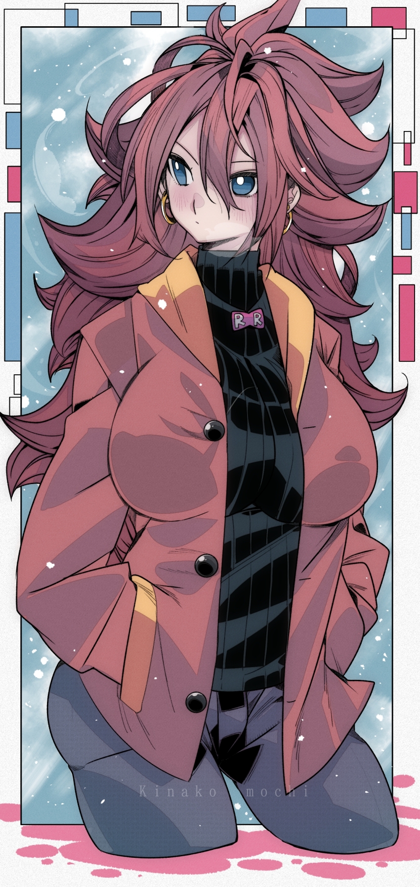 1girl absurdres android android_21 black_pants black_sweater blue_eyes blush breasts brown_coat brown_hair cloud coat dragon_ball dragon_ball_fighterz earrings hands_in_pockets highres hoop_earrings jewelry kinakomochi_(user_vedc2333) large_breasts long_hair long_sleeves looking_to_the_side open_clothes open_coat pants red_ribbon_army robot sky snow standing sweater winter