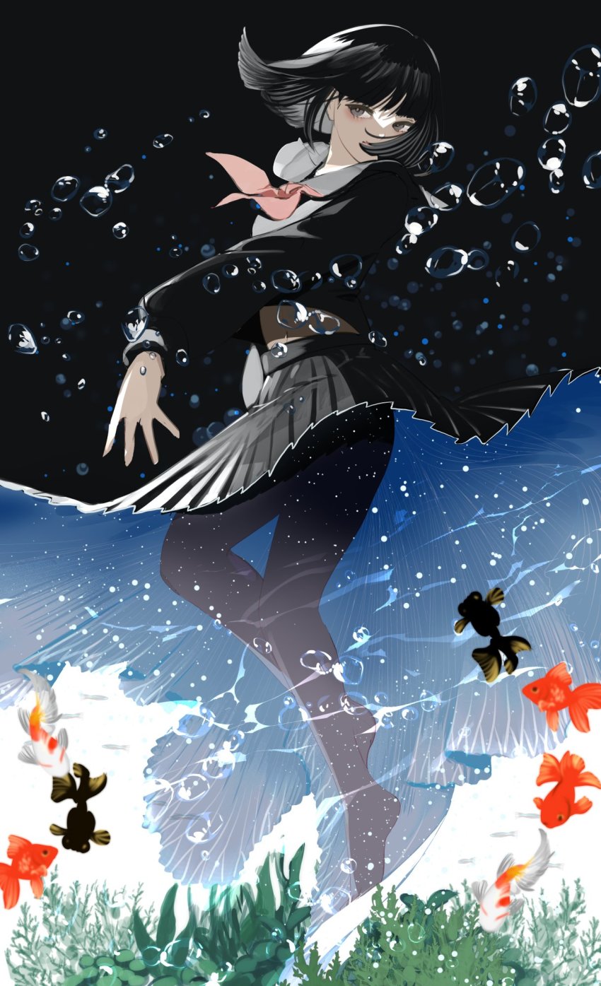 1girl black_hair black_pantyhose black_skirt blue_skirt blunt_bangs bubble fish goldfish grey_eyes highres kelp kerok_(joniko1110) long_skirt long_sleeves original pantyhose pink_neckwear shirt short_hair skirt water