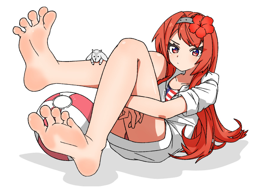 1girl american_flag american_flag_print animal ball bare_legs barefoot beachball bikini bikini_under_clothes feet flag_print flower foot_focus goat hair_flower hair_ornament hairband hibiscus highres hood hoodie hugging_own_legs kantai_collection long_hair looking_at_viewer nairo nevada_(kancolle) nevada_kai_(kancolle) nevada_kai_mod.2_(swimsuit)_(kancolle) red_eyes red_flower red_hair simple_background soles swimsuit white_background white_hoodie