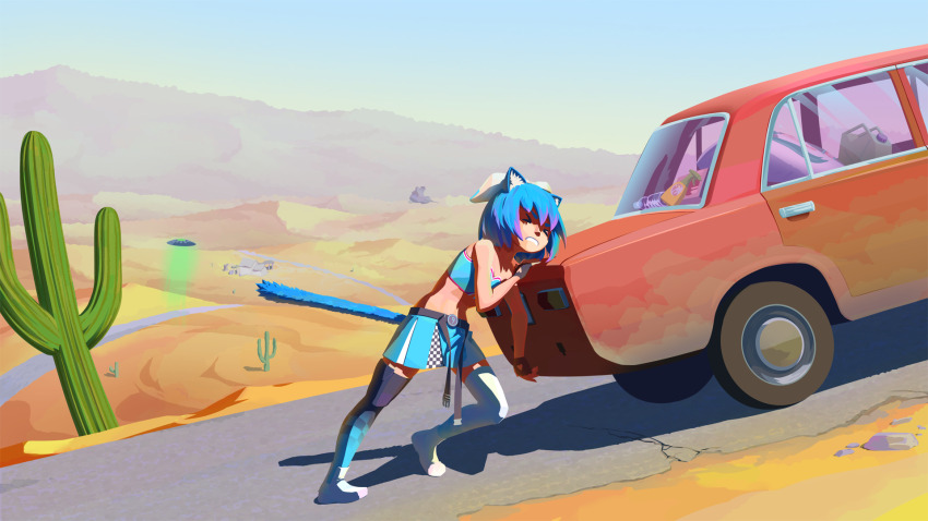 &gt;_&lt; 1girl alternate_costume animal_ears antinoya black_gloves black_thighhighs blue_bra blue_skirt blue_sky bra cactus car cat_ears cat_girl cat_tail cirno clear_sky clenched_teeth closed_eyes commentary desert english_commentary fingerless_gloves full_body gloves highres kemonomimi_mode mismatched_thighhighs motor_vehicle orange_car outdoors pushing pushing_car short_hair skirt sky solo tail teeth the_long_drive thighhighs touhou ufo underwear white_thighhighs