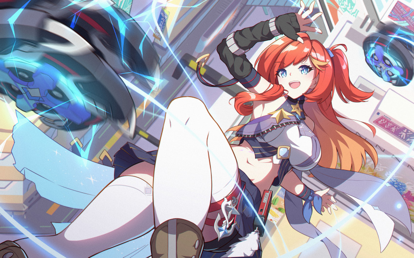 1girl absurdres black_boots black_shorts blue_skirt boots breasts chinese_commentary city colored_inner_hair commentary_request crop_top electricity hand_up highres honkai_(series) honkai_impact_3rd large_breasts long_hair midair midriff multicolored_hair navel open_mouth orange_hair outdoors phantom_racher red_hair senadina shirt shorts side_ponytail skindentation skirt smile solo streaked_hair teeth thighhighs thighs upper_teeth_only white_shirt white_thighhighs yo-yo