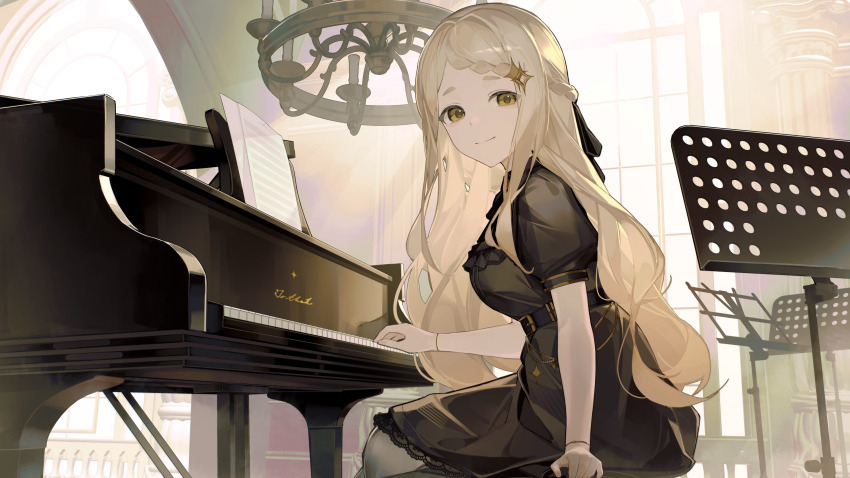 1girl absurdres black_dress blonde_hair braid braided_bangs chandelier cine_(wazd0183) closed_mouth collared_dress commentary_request dress frilled_dress frills from_side grand_piano hair_ribbon half_up_braid highres indoors instrument lace lace-trimmed_dress lace_trim long_hair looking_at_viewer machita_chima music_stand nijisanji parted_bangs piano puffy_short_sleeves puffy_sleeves ribbon sheet_music short_sleeves sitting smile solo virtual_youtuber yellow_eyes
