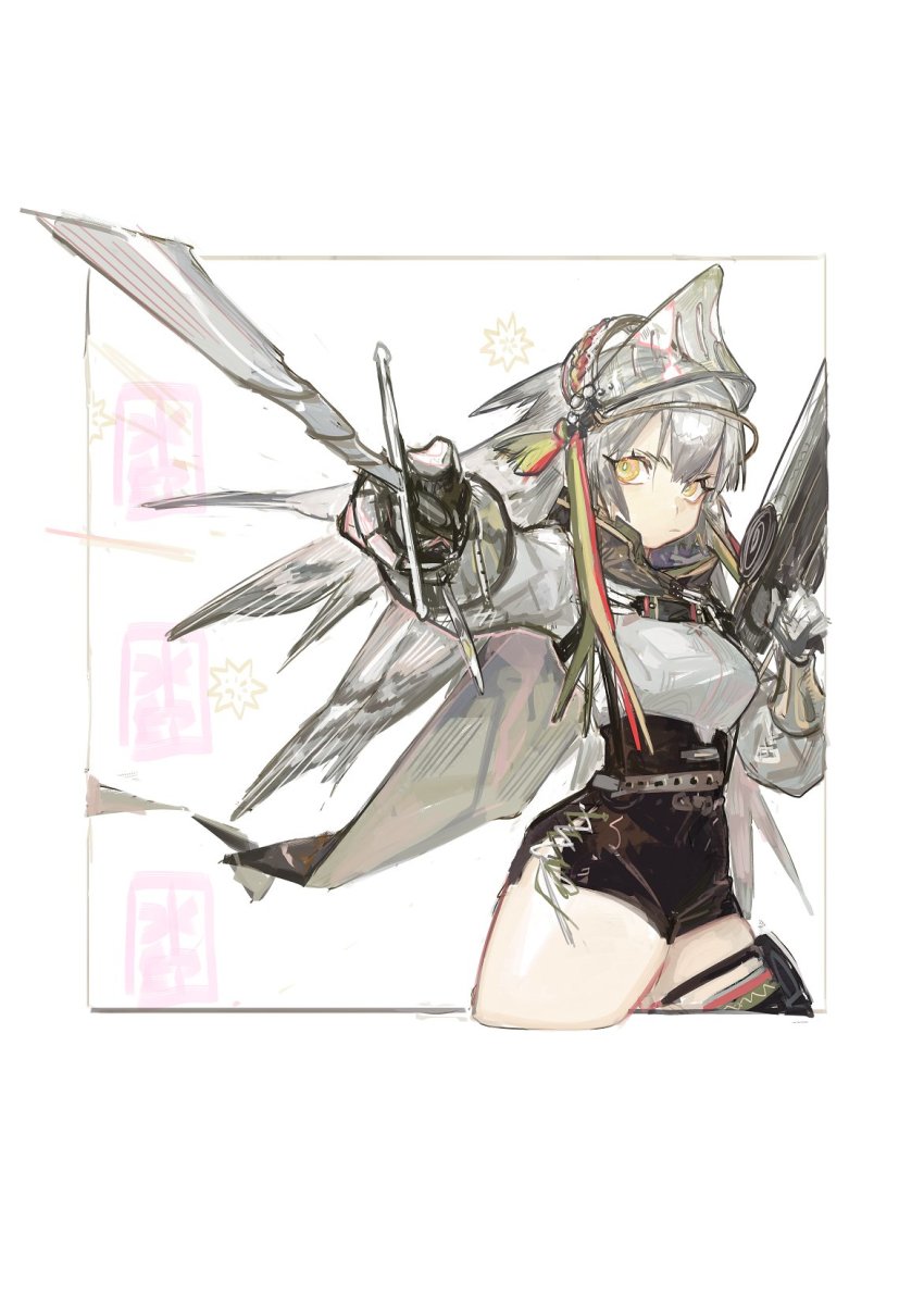 1girl aiming_up arknights black_skirt border bow_(weapon) brown_cape cape cropped_legs crossbow fartooth_(arknights) feather_hair gauntlets grey_hair highres holding holding_crossbow holding_sword holding_weapon long_hair pipidan ribbon shirt skirt solo sword thigh_strap thighs visor_(armor) visor_lift weapon white_background white_border white_shirt yellow_eyes
